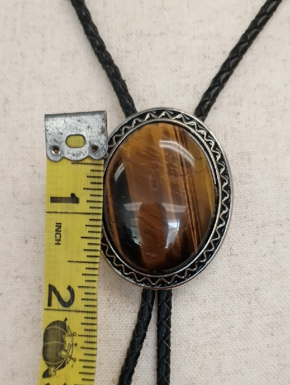 Western Bolo Tie Necklace Brown Cabochon Pendant Black Cord Vintage Style - Picture 10 of 11